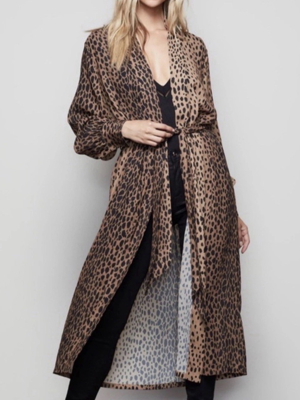 Good American Leopard Print Maxi Duster Kimono Cardigan Sz 1 Small Animal Print
